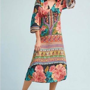 FARM RIO Anthropologie Rosario Floral Midi Dress Tie Back 3/4 Sleeves Size XS